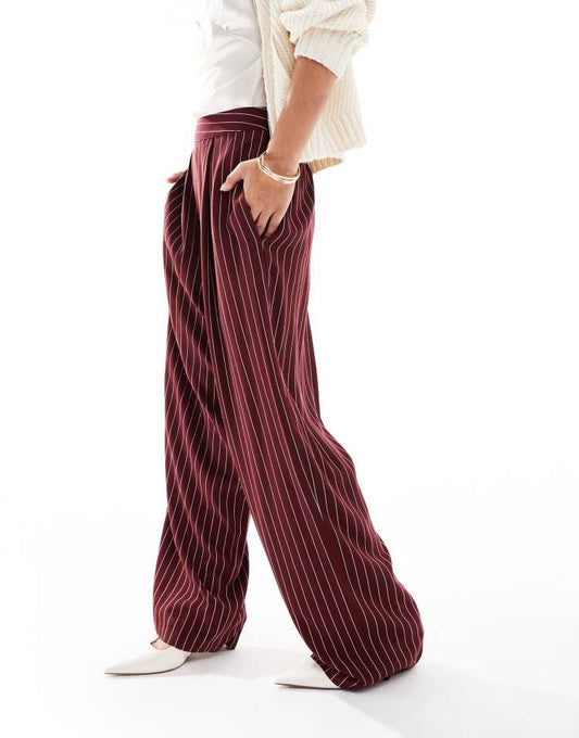 Basic pull on trouser in burgundy stripe