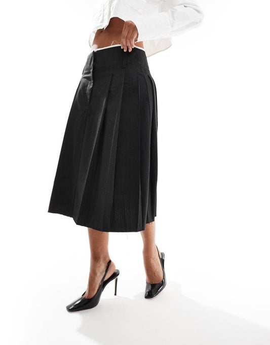 Raw edge pleated tailored midi skirt in charcoal stripe