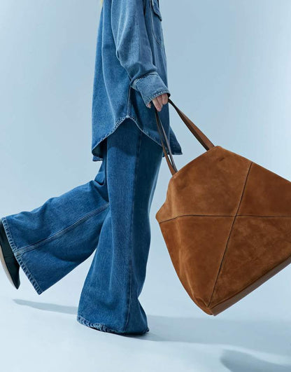 Suede panelled oversized tote in tan