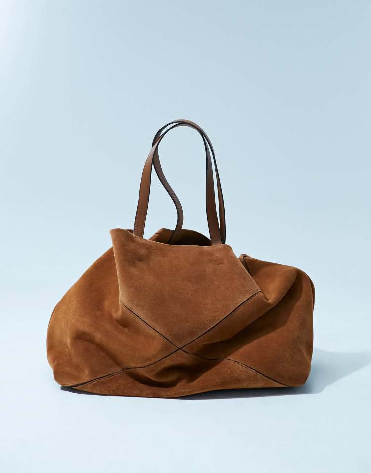 Suede panelled oversized tote in tan