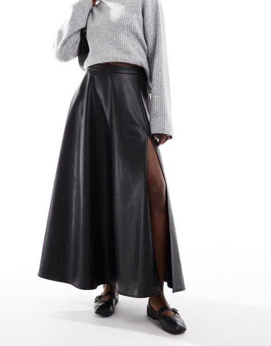 Leather look high split detail volume maxi skirt in black