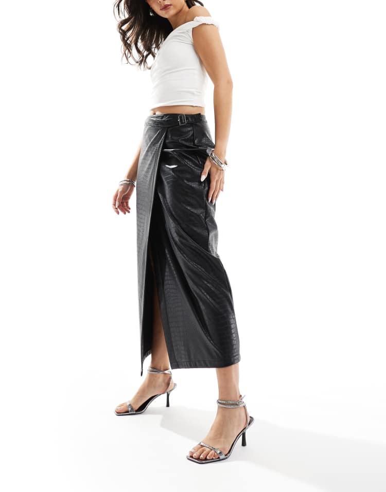 Croc leather look buckle detail maxi skirt in black