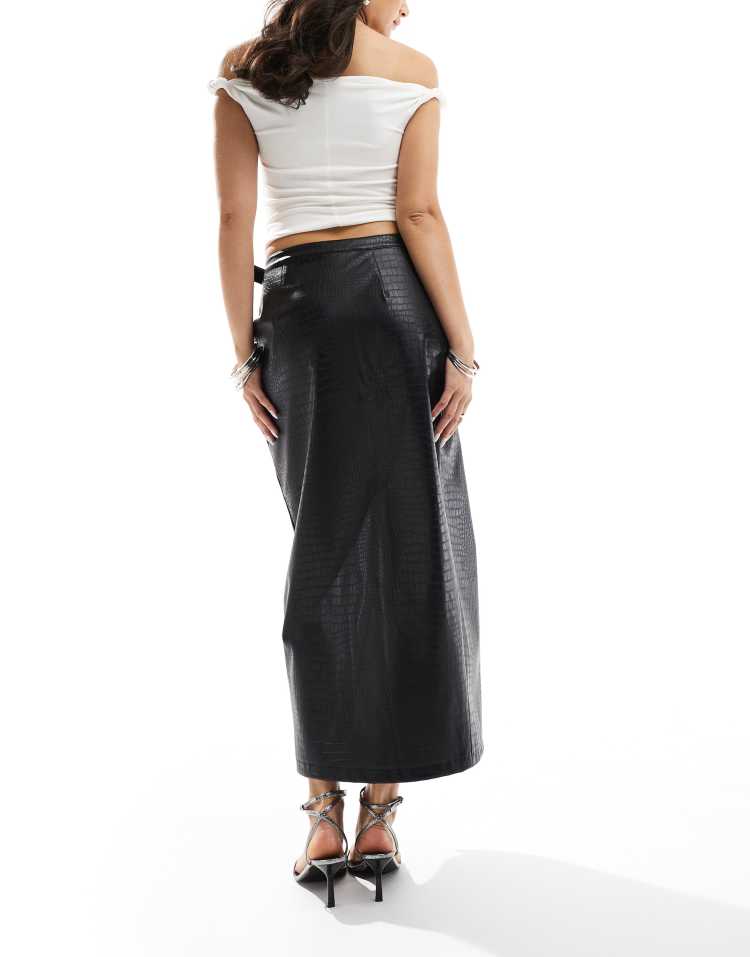 Croc leather look buckle detail maxi skirt in black