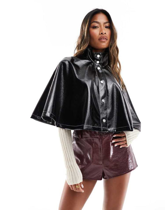 High shine leather look cape jacket in black