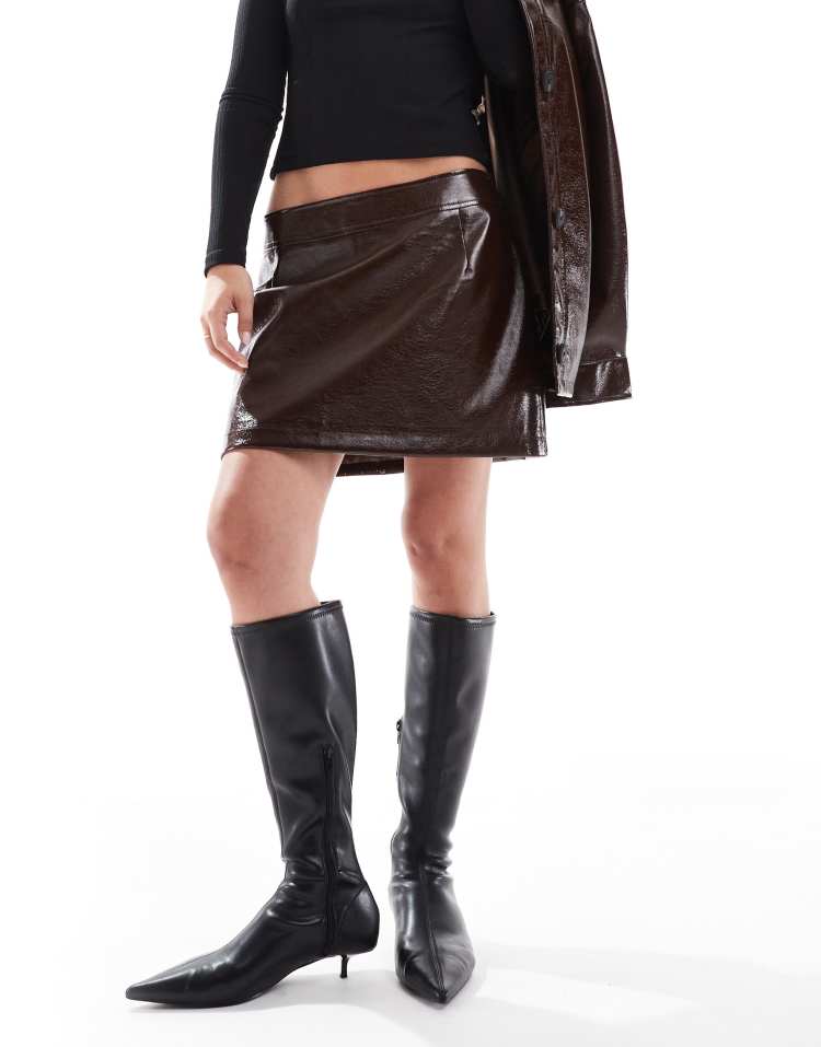 High shine cracked leather look co-ord skirt in brown