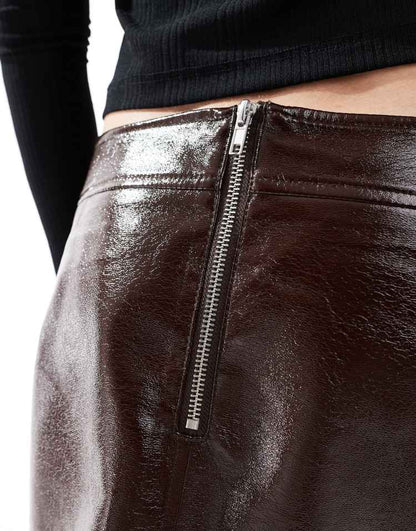 High shine cracked leather look co-ord skirt in brown