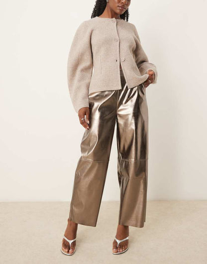 Faux leather pull on barrel trousers in brass