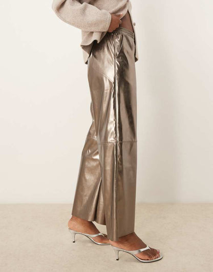 Faux leather pull on barrel trousers in brass