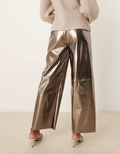 Faux leather pull on barrel trousers in brass