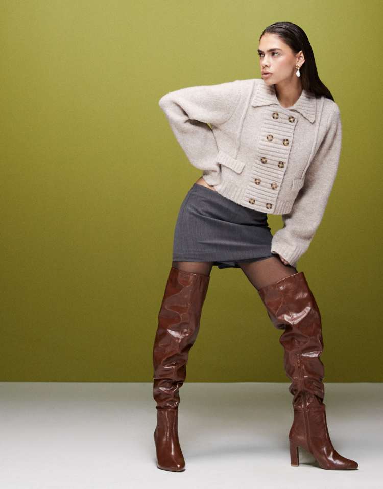 Kaia block heeled ruched over the knee boots in tan