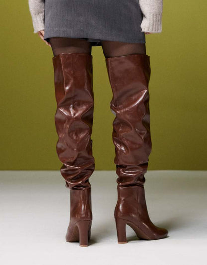 Kaia block heeled ruched over the knee boots in tan