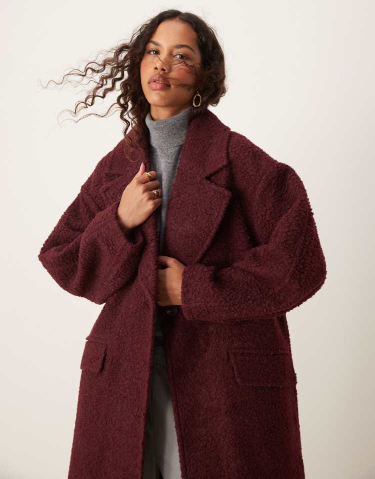 Chuck on cosy boucle coat in burgundy