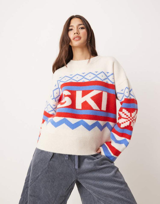 Jumper with stripe ski slogan in red and blue