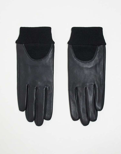 Leather gloves with rib cuff in black