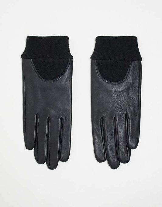 Leather gloves with rib cuff in black