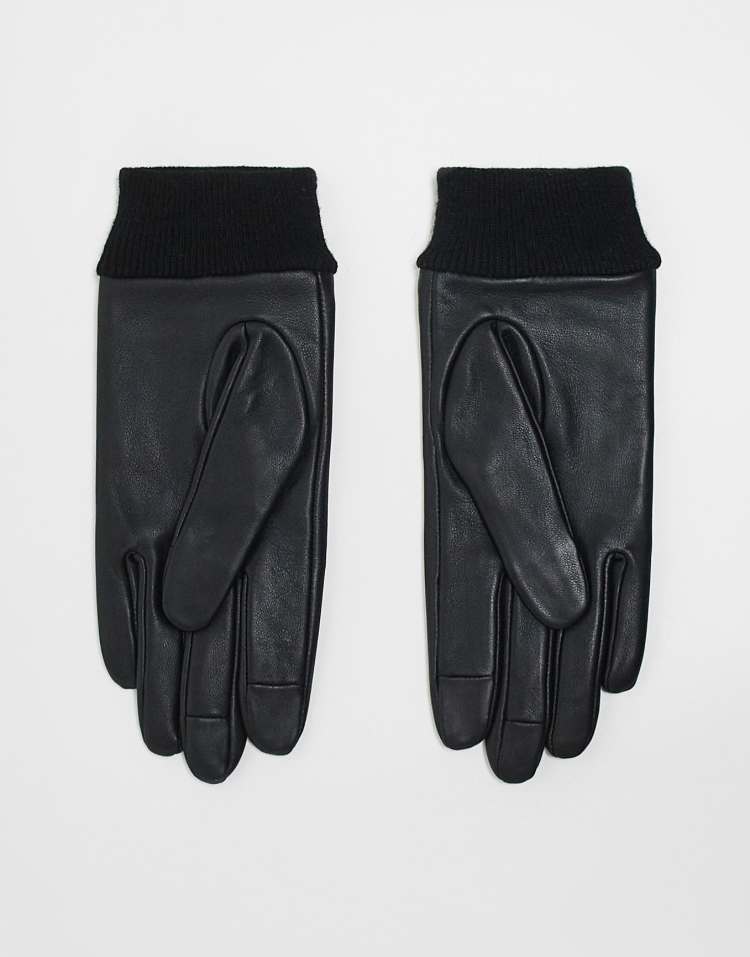 Leather gloves with rib cuff in black