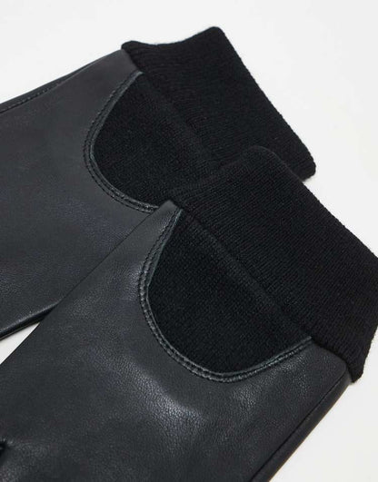 Leather gloves with rib cuff in black