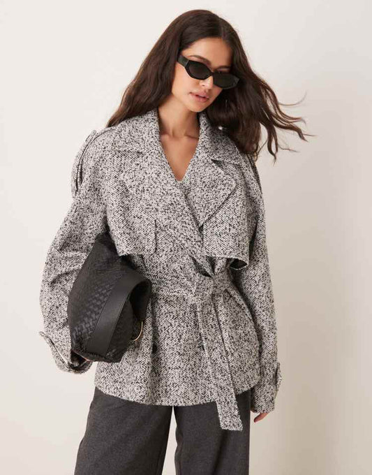 Brushed textured belted short formal trench coat in grey