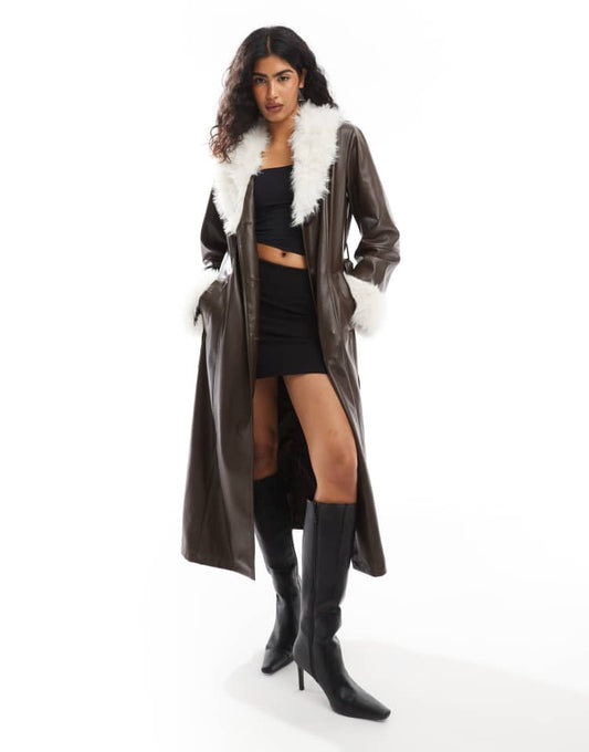 Faux fur collar and cuff longline leather look coat in chocolate