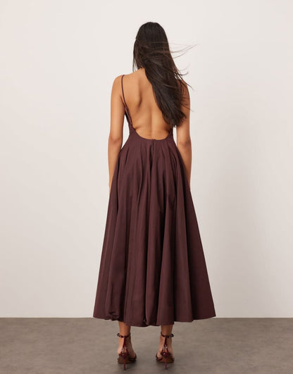 Racer neck open back seam detail full maxi dress in burgundy