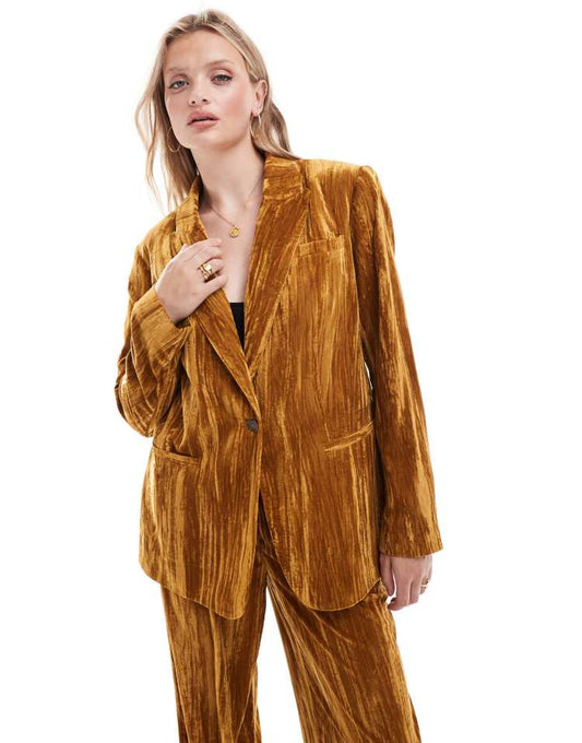 Crinkle velvet blazer co-ord in gold