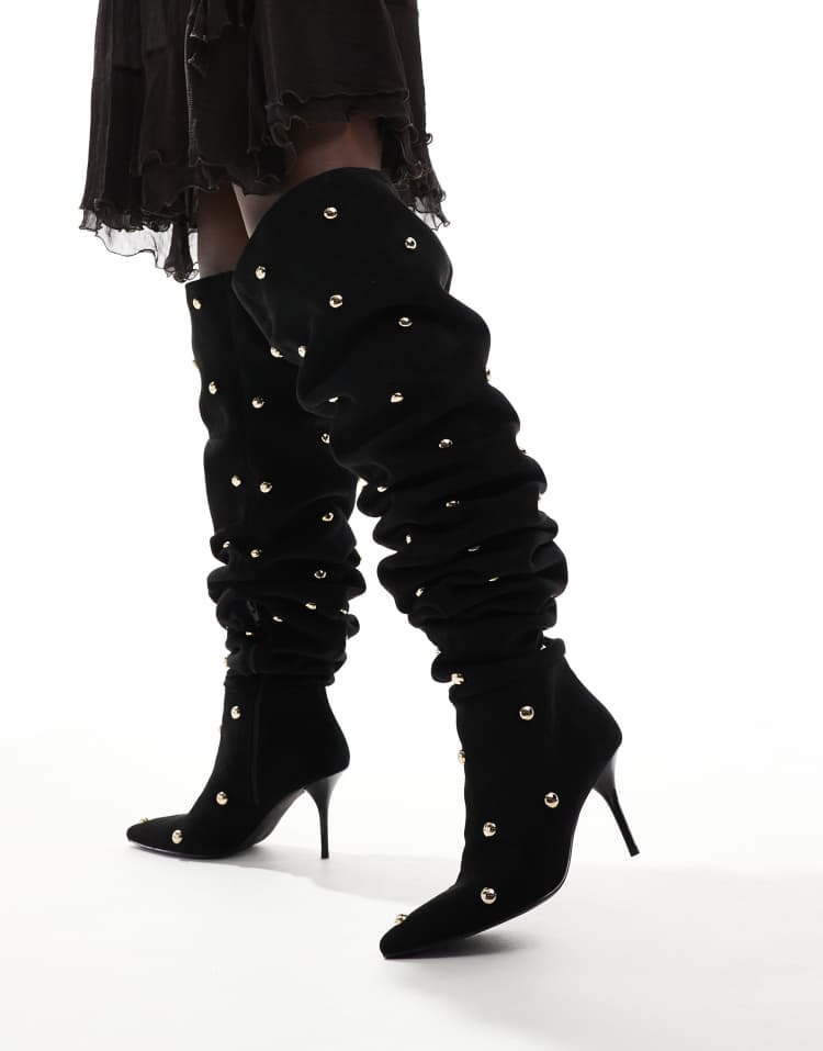 Karma studded heeled over the knee boots in black