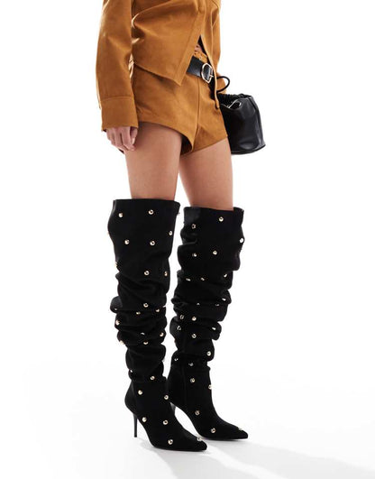 Karma studded heeled over the knee boots in black