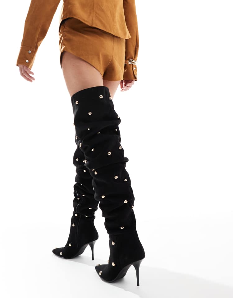 Karma studded heeled over the knee boots in black