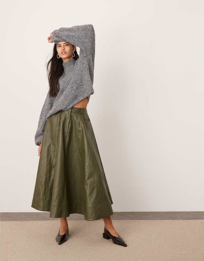 Crinkle PU full midi skirt in khaki green