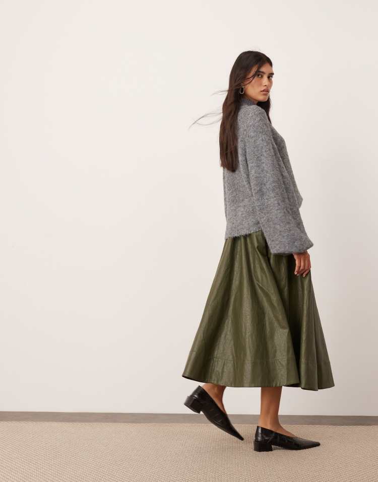 Crinkle PU full midi skirt in khaki green