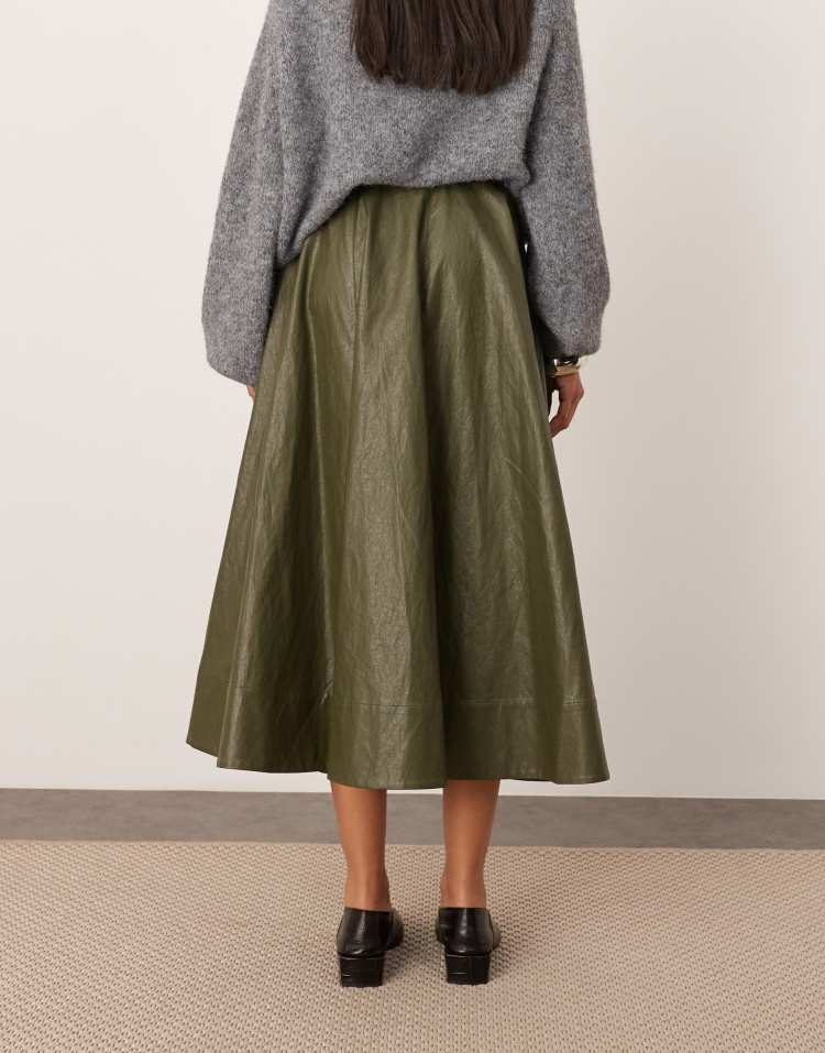 Crinkle PU full midi skirt in khaki green