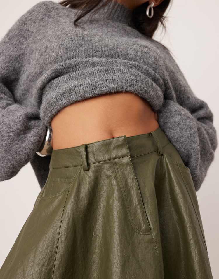 Crinkle PU full midi skirt in khaki green