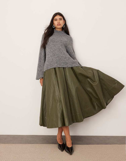 Crinkle PU full midi skirt in khaki green