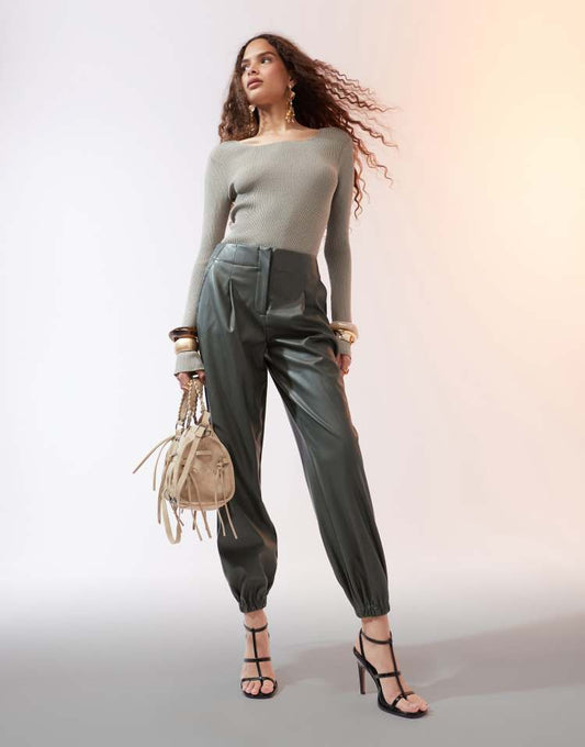 Faux leather jogger trousers in khaki