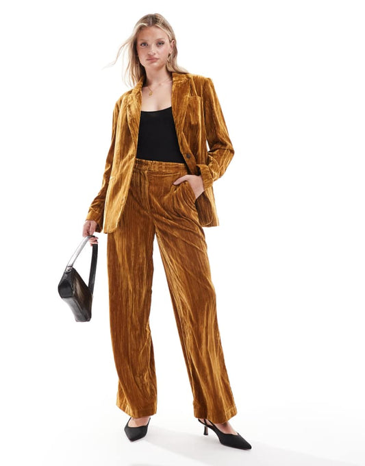 Tailored crinkle velvet trouser co-ord in gold