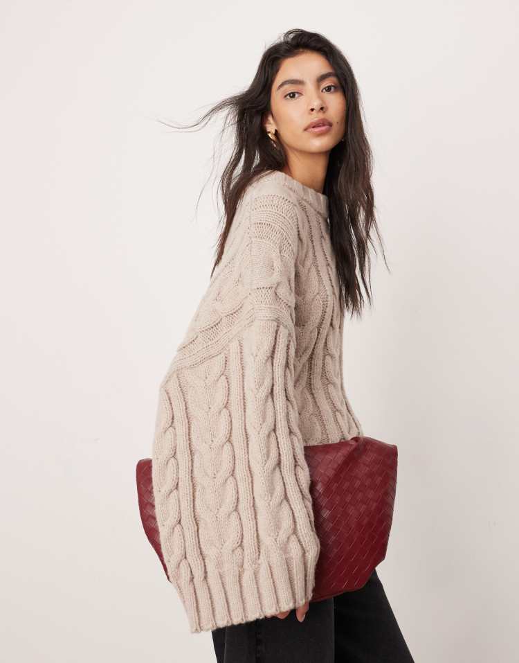 Chunky cable knitted oversized jumper in taupe