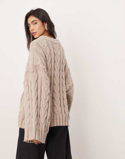 Chunky cable knitted oversized jumper in taupe