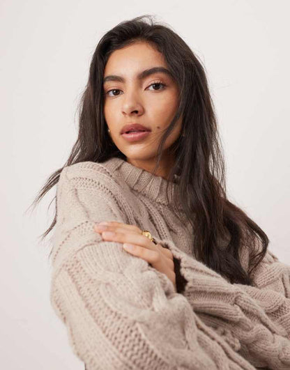 Chunky cable knitted oversized jumper in taupe