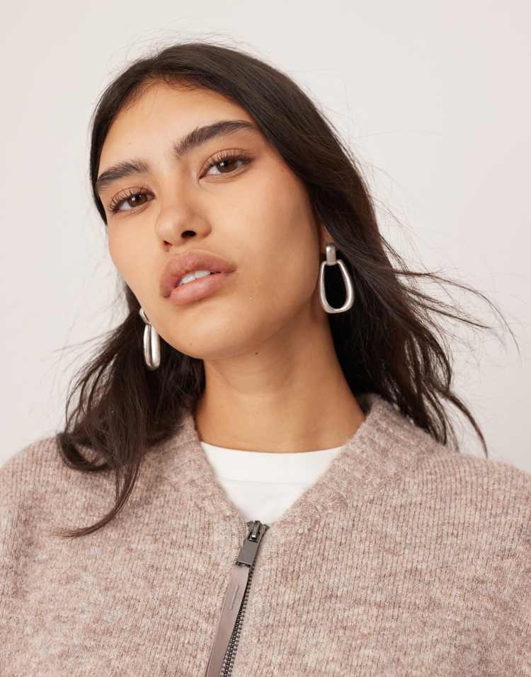 Compact knit zip through jumper in oat