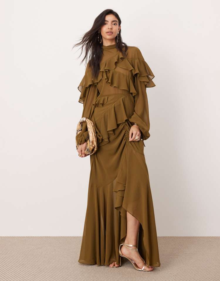 Chiffon ruffle asymmetric maxi dress in dark olive green