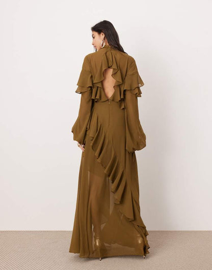 Chiffon ruffle asymmetric maxi dress in dark olive green