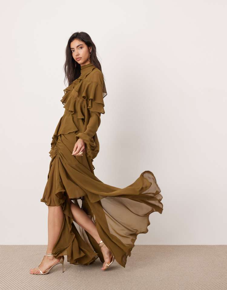 Chiffon ruffle asymmetric maxi dress in dark olive green