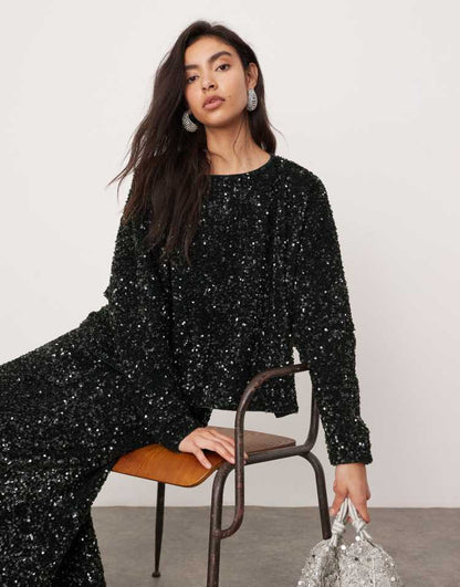 Velvet allover sequin long sleeve slouchy top co-ord in dark green