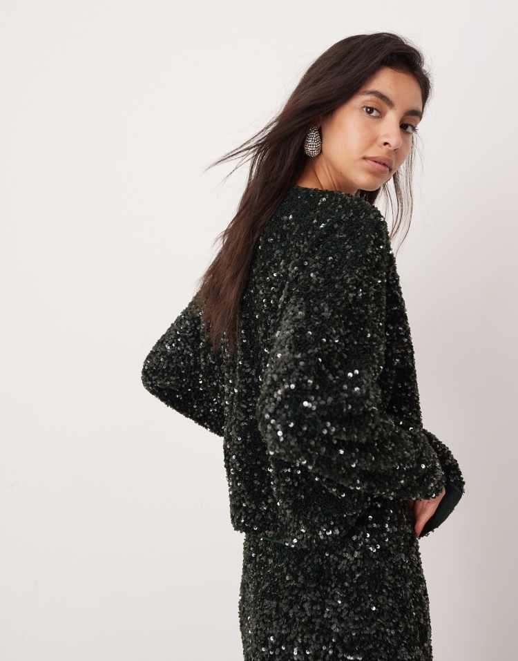 Velvet allover sequin long sleeve slouchy top co-ord in dark green