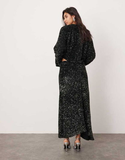 Velvet allover sequin asymmetric hem skirt co-ord in dark green