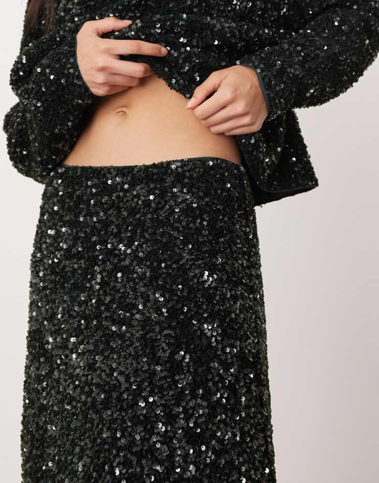 Velvet allover sequin asymmetric hem skirt co-ord in dark green