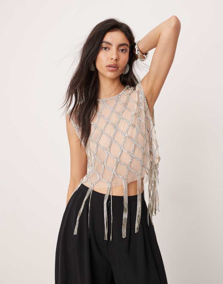 Gand embellished crystal fringe top in silver