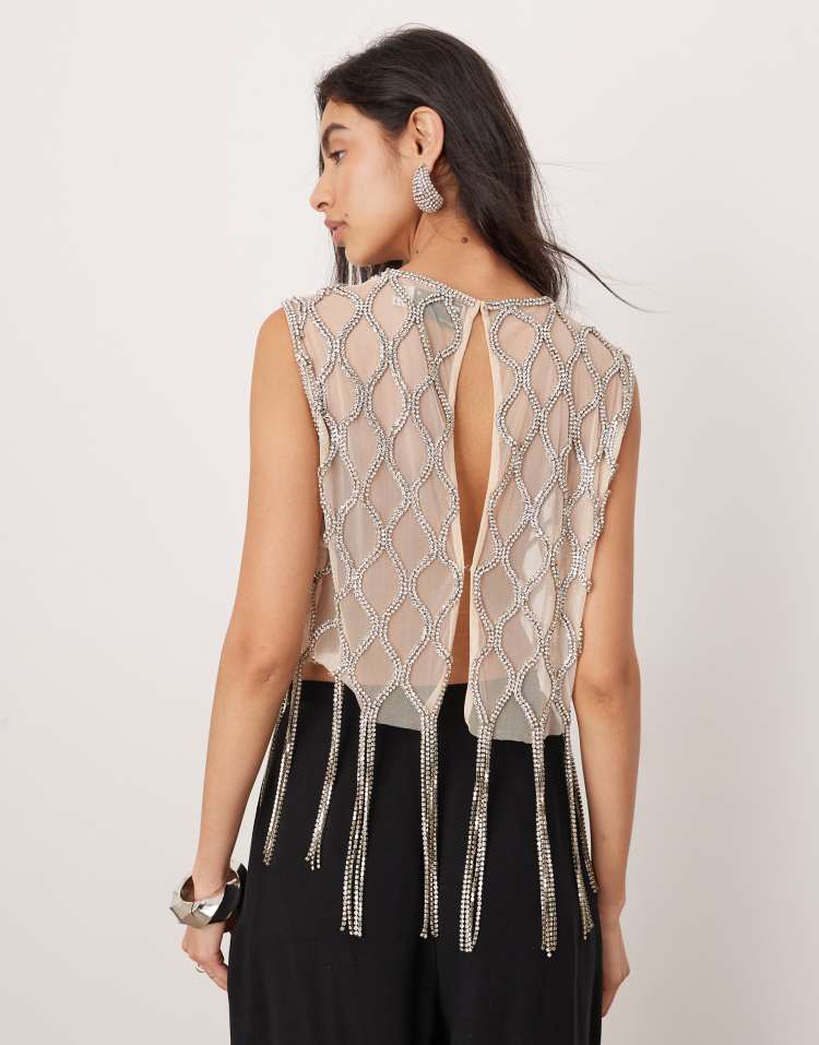 Gand embellished crystal fringe top in silver