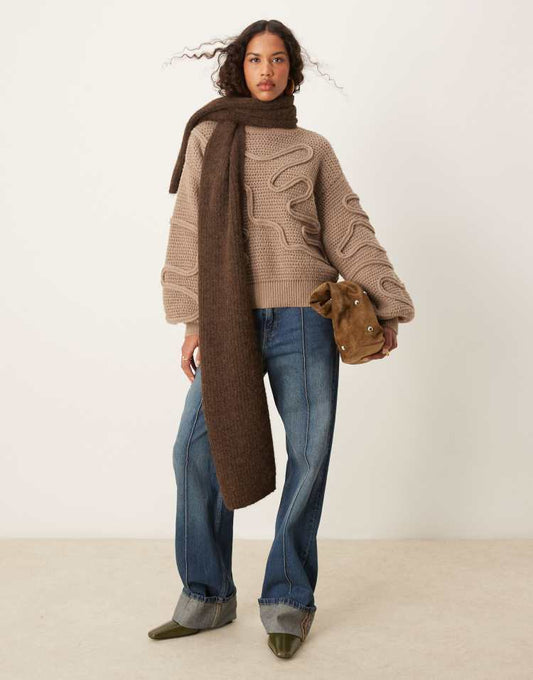 Knitted high neck jumper with abstract stitch detail in taupe