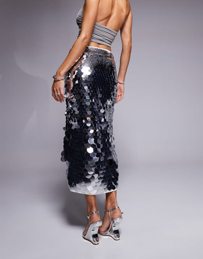 Large sequin midi skirt in silver